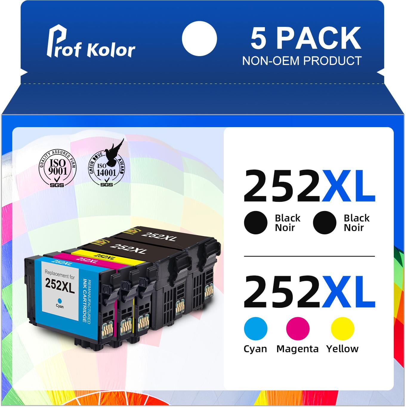 252XL Ink Cartridges for Epson T252 252XL 252 XL T252XL Ink Cartridges for Epson WF-3640 WF-7720 WF-7710 WF-3620 Printer(5-Pack,2 Black,1 Cyan,1 Magenta,1 Yellow)