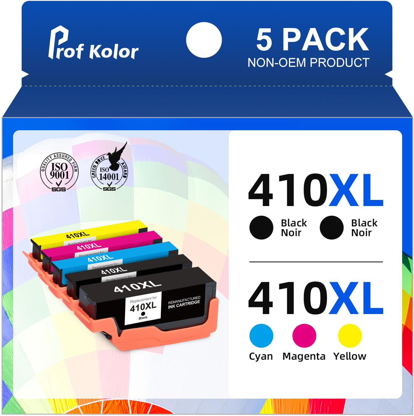 410XL Ink Cartridges for Epson 410 Ink Cartridges for XP-830 XP-640 XP-530 XP-630 XP-635 XP-7100 Printer Ink (5-Pack, 2 Black, 1 Cyan, 1 Magenta, 1 Yellow)