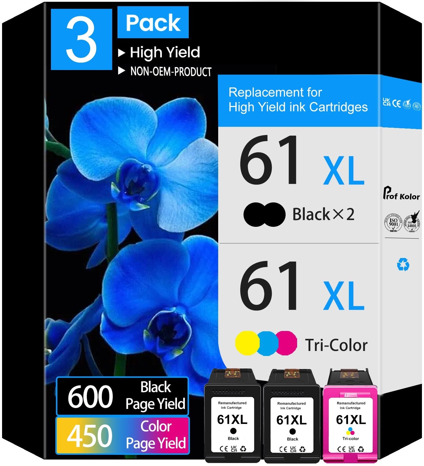 3-Pack 61XL Ink Cartridge for HP 61 XL Ink Cartridge for HP Printers Envy 4500 5530 5534 5535 Deskjet 1000 1010 1510 2540 2541 3050 OfficeJet 4630 4635 2620 (2 Black, 1 Tri-Color)