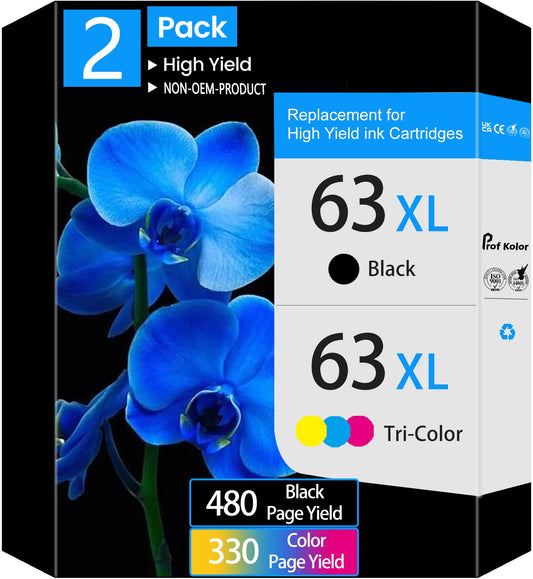 63 Ink Cartridges | for HP Ink 63 Black and Tri-Color 2-Pack